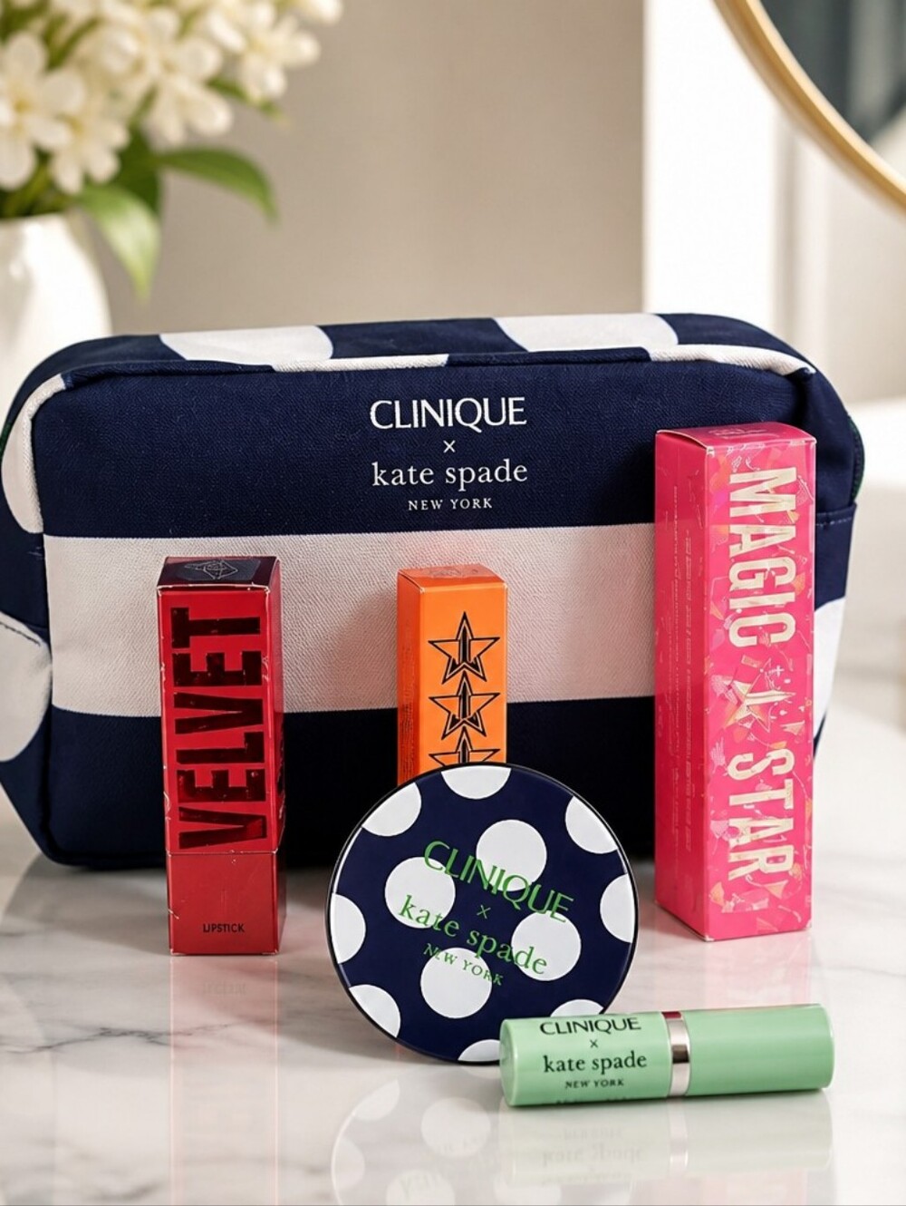 Clinique x Kate Spade Navy and White Polka Dot Cosmetic Bag Bundle